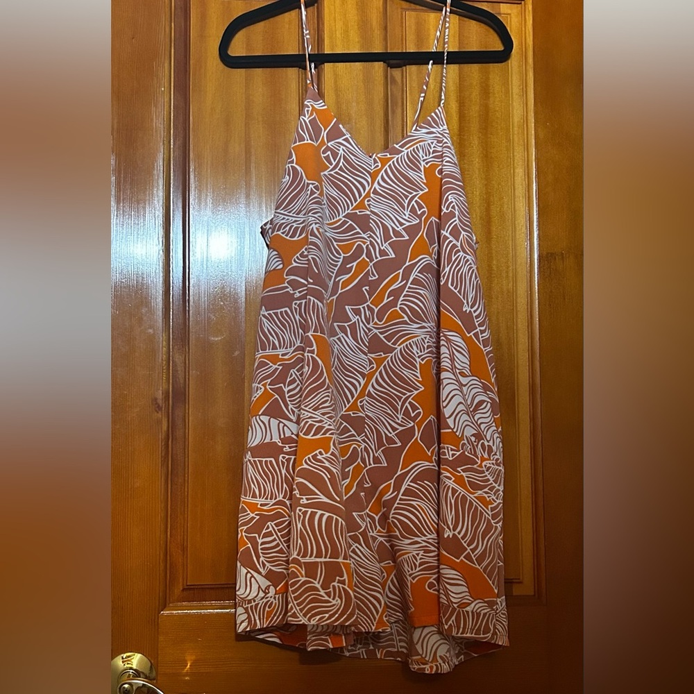 Women's Rust and White Leaf Print Slip Dress